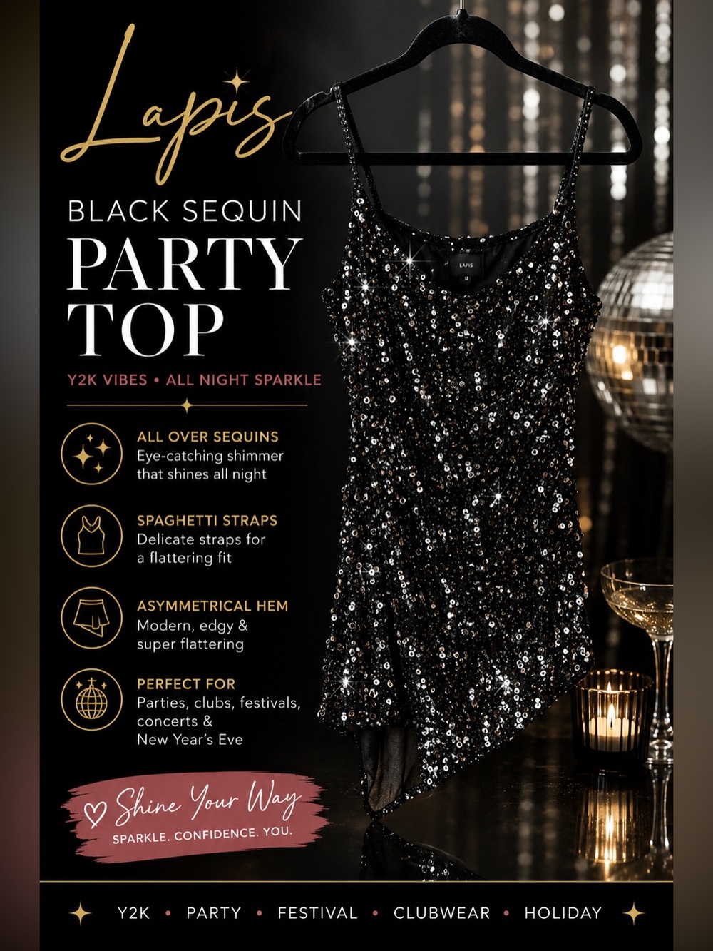 Lapis Black Sequin Cami Party Top Festival Clubwear